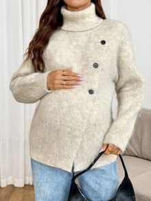 SHEIN Maternity Solid Color Casual Daily Long Sleeve Sweater - Apricot - View 4
