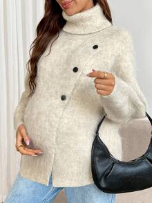 SHEIN Maternity Solid Color Casual Daily Long Sleeve Sweater - Apricot - View 7