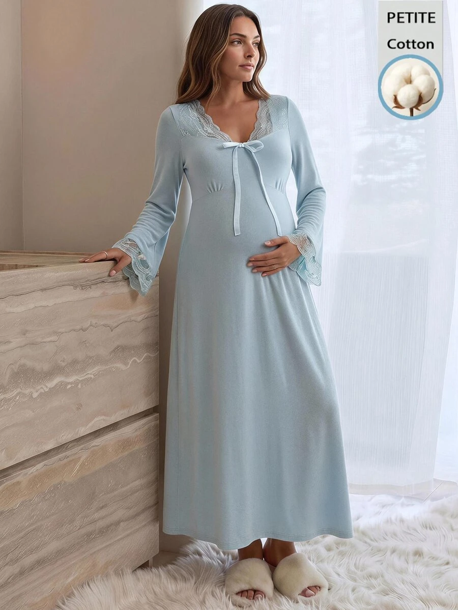 Slowluna Sweet Lace Patchwork Tie-Up Maternity Dress Fall - Blue - View 1