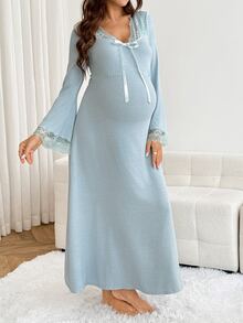 Slowluna Sweet Lace Patchwork Tie-Up Maternity Dress Fall - Blue - View 4