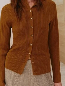 MOTF PREMIUM Cardigan Wol Murni Wanita Model Slim Fit, Musim Gugur/Musim Dingin - Coklat - View 2