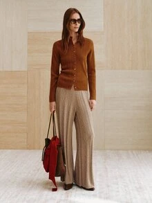MOTF PREMIUM Cardigan Wol Murni Wanita Model Slim Fit, Musim Gugur/Musim Dingin - Coklat - View 1