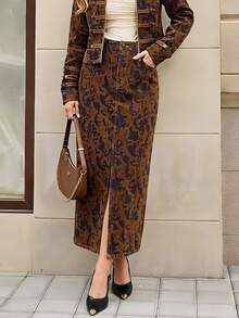 Selenza Women's Jacquard Split Hem Elegant Denim Skirt - Coffee Brown - View 8