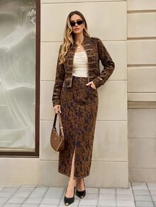 Selenza Women's Jacquard Split Hem Elegant Denim Skirt - Coffee Brown - View 1