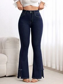 SHEIN Essnce 女款街頭時尚鈕扣喇叭牛仔褲 - 藍色 - 查看 7