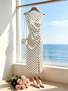 SHEIN Women's Elegant Polka Dot Print Wrap Waist Ruched Button Decor Slimming Long Dress, Suitable For Spring/Summer Outings And Dates - Multicolor - View 9