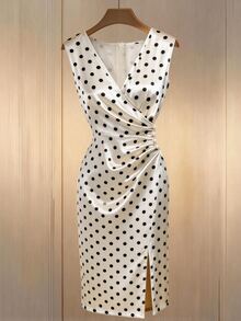 SHEIN Women's Elegant Polka Dot Print Wrap Waist Ruched Button Decor Slimming Long Dress, Suitable For Spring/Summer Outings And Dates - Multicolor - View 3