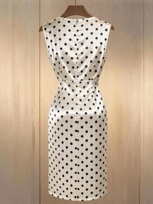 SHEIN Women's Elegant Polka Dot Print Wrap Waist Ruched Button Decor Slimming Long Dress, Suitable For Spring/Summer Outings And Dates - Multicolor - View 2