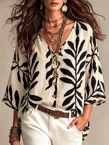 SHEIN Unity Women's Simple Casual Comfortable Loose Digital Print Shirt - Black - View 3