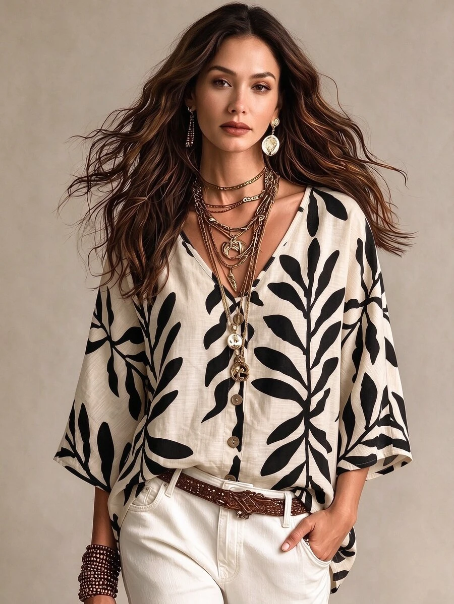 SHEIN Unity Women's Simple Casual Comfortable Loose Digital Print Shirt - Black - View 1