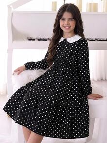 SHEIN 8-12歲女孩花卉長袖服飾，萬聖節套裝，秋季風格，美國節日家庭裝，黑白波點復古學院風可愛校園風 - 黑色 - 查看 3