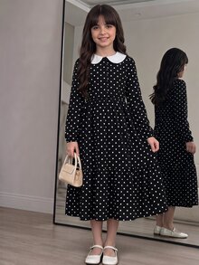 SHEIN 8-12歲女孩花卉長袖服飾，萬聖節套裝，秋季風格，美國節日家庭裝，黑白波點復古學院風可愛校園風 - 黑色 - 查看 1