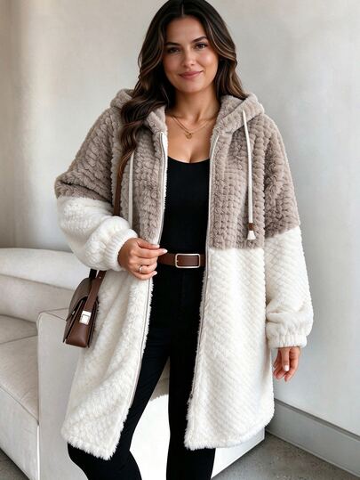 Weeklong Fall/Winter Plus Size Women's White Colorblock Fleece Jacket Hooded Drawstring Zipper Mid-Length Coat Thick Cozy Casual Baggy Hoodie Zip-Up Going Out