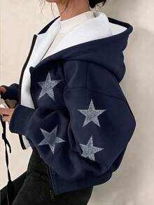 SHEIN Teen Girl Rhinestone Star Pattern Drop Shoulder Zip Up Hoodie Casual Loose Sweatshirt - Blue - View 1