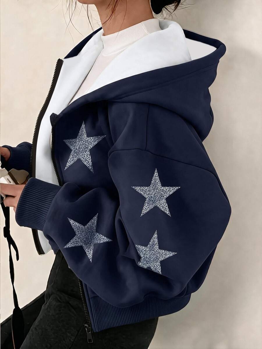 SHEIN Teen Girl Rhinestone Star Pattern Drop Shoulder Zip Up Hoodie Casual Loose Sweatshirt - Blue - View 1