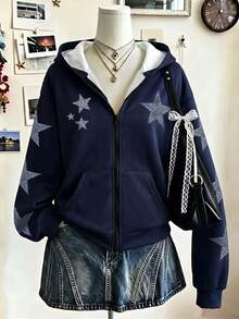 SHEIN Teen Girl Rhinestone Star Pattern Drop Shoulder Zip Up Hoodie Casual Loose Sweatshirt - Blue - View 3