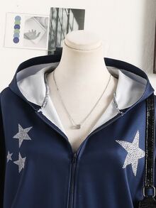SHEIN Teen Girl Rhinestone Star Pattern Drop Shoulder Zip Up Hoodie Casual Loose Sweatshirt - Blue - View 5