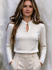 SHEIN Women's Elegant Long Sleeve T-Shirt With Frog Button Design - White - View 7