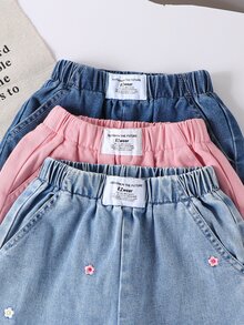 SHEIN 女童牛仔寬腿褲3件套，夏季新品，可愛復古風，淺藍牛仔、粉色牛仔，多色可選，愛心刺繡圖案，鬆緊腰，寬鬆直筒褲腿，柔軟舒適優質棉牛仔面料，兒童節日常百搭T恤搭配，夏季海灘週末度假校園出遊 - 彩色 - 查看 6