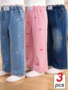 SHEIN 女童牛仔寬腿褲3件套，夏季新品，可愛復古風，淺藍牛仔、粉色牛仔，多色可選，愛心刺繡圖案，鬆緊腰，寬鬆直筒褲腿，柔軟舒適優質棉牛仔面料，兒童節日常百搭T恤搭配，夏季海灘週末度假校園出遊 - 彩色 - 查看 2