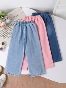 SHEIN 女童牛仔寬腿褲3件套，夏季新品，可愛復古風，淺藍牛仔、粉色牛仔，多色可選，愛心刺繡圖案，鬆緊腰，寬鬆直筒褲腿，柔軟舒適優質棉牛仔面料，兒童節日常百搭T恤搭配，夏季海灘週末度假校園出遊 - 彩色 - 查看 3