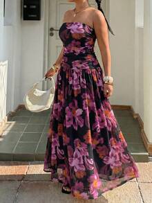 GalTyme Plus Size Women's Elegant Floral Print Strapless Dress, Spring/Summer - Multicolor - View 5