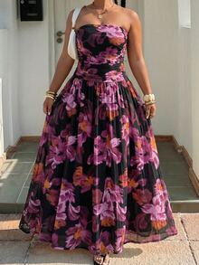 GalTyme Plus Size Women's Elegant Floral Print Strapless Dress, Spring/Summer - Multicolor - View 6