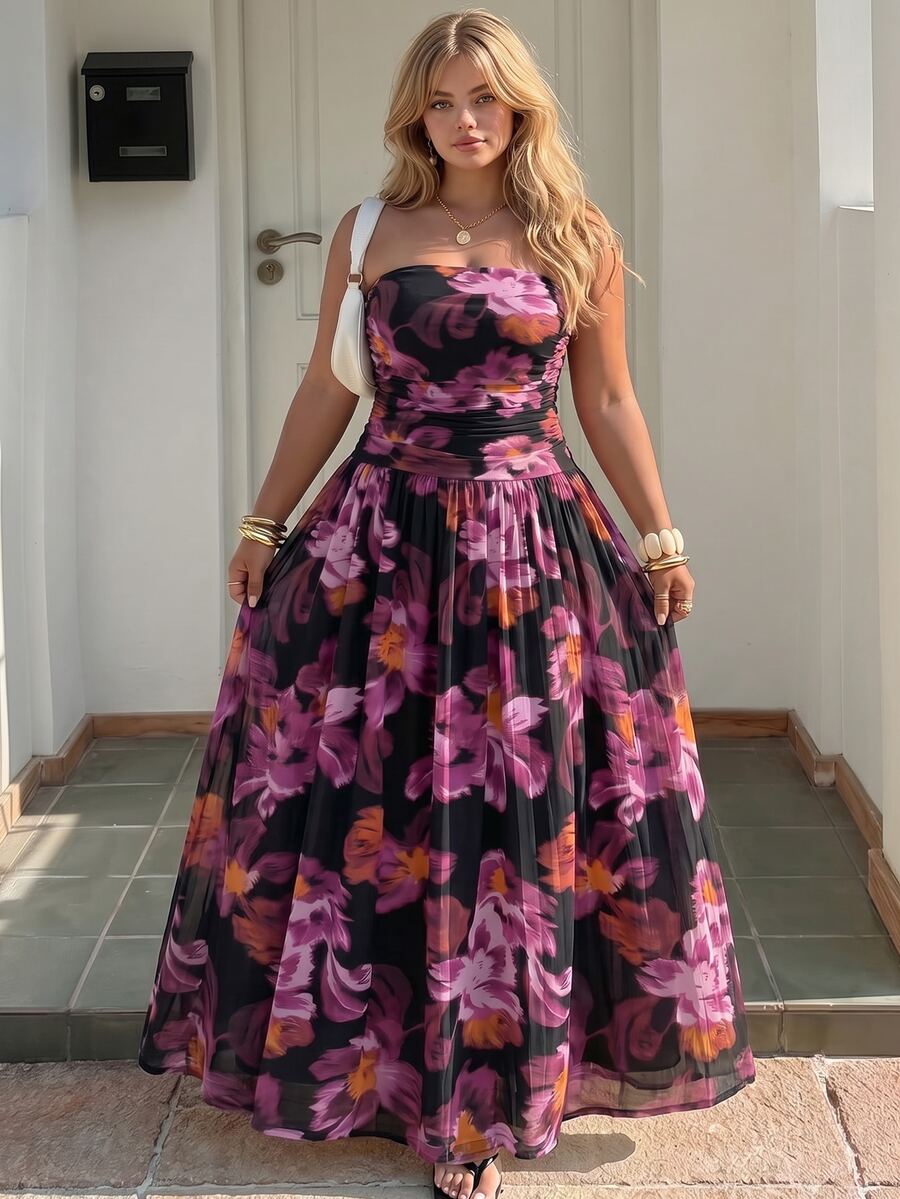 GalTyme Plus Size Women's Elegant Floral Print Strapless Dress, Spring/Summer - Multicolor - View 1
