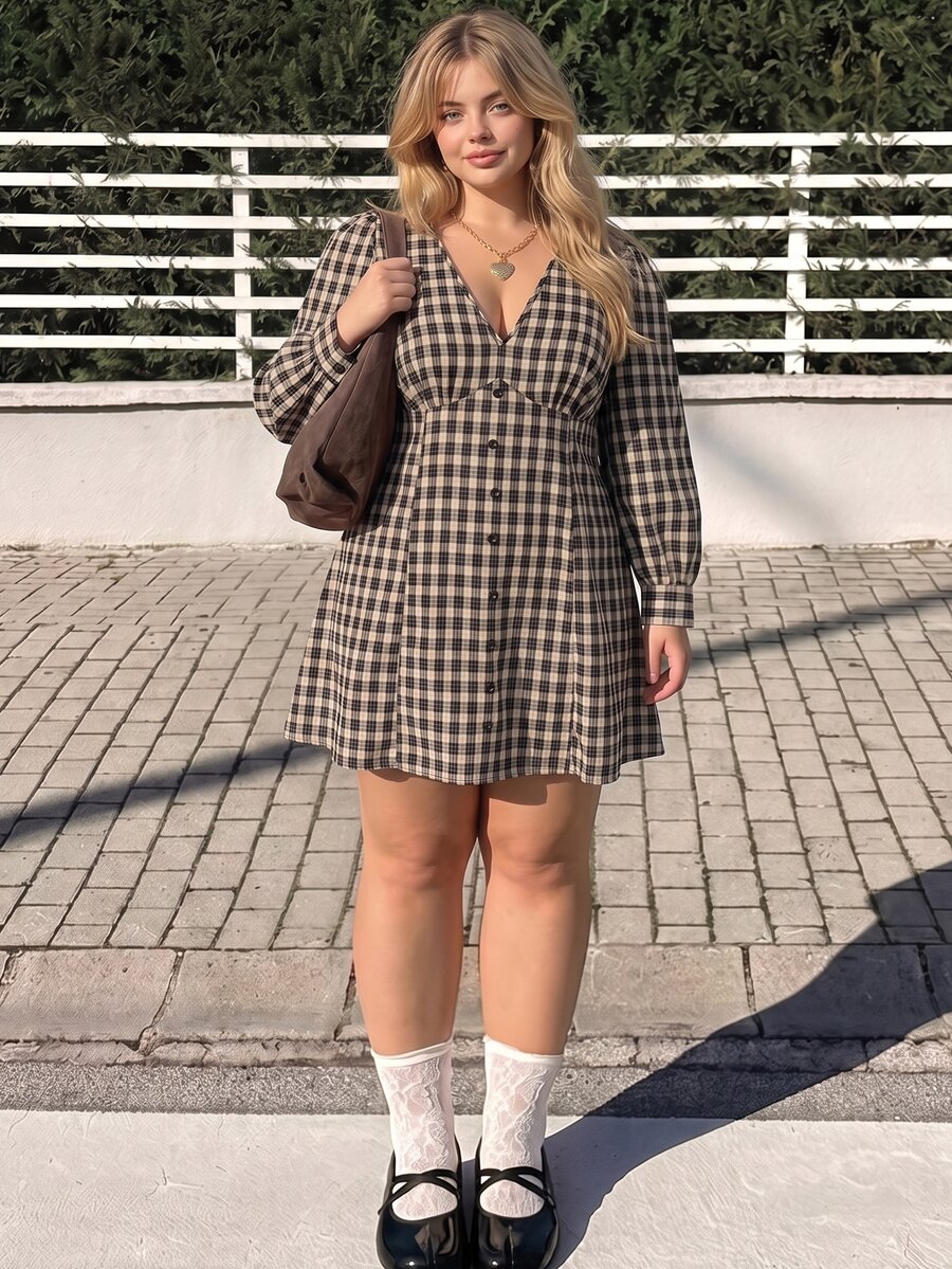 GalTyme Plus Size Korean Style Vacation Plaid Button Dress Fall Birthday Black And White Vintage Cargo - Multicolor - View 1