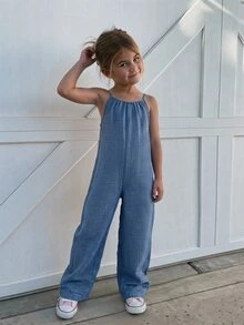 Dazy Kids Summer Halter Neck Tie Long Casual Loose Jumpsuit - Light Wash - View 7
