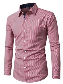 Manfinity Mode Men's Casual Single-Breasted Striped Long Sleeve Shirt, Suitable For Commuting, Business Office Men, Dress Formal Fall, Old Money Style, Ceremony - Red and White - View 2
