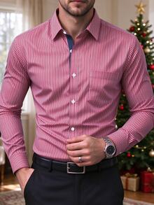 Manfinity Mode Men's Casual Single-Breasted Striped Long Sleeve Shirt, Suitable For Commuting, Business Office Men, Dress Formal Fall, Old Money Style, Ceremony - Red and White - View 1