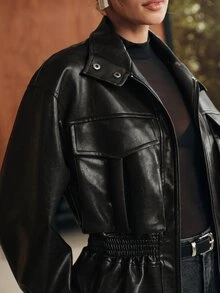 Anewsta Women's Solid Color PU Leather Zipper Front Casual Waist-Cinching Jacket - Black - View 3