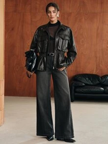 Anewsta Women's Solid Color PU Leather Zipper Front Casual Waist-Cinching Jacket - Black - View 4