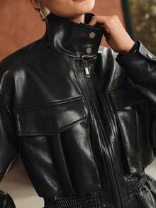 Anewsta Women's Solid Color PU Leather Zipper Front Casual Waist-Cinching Jacket - Black - View 6