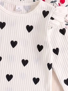 SHEIN 1 Piece Little Girl Ruffle Shoulder Ribbed Long Sleeve Top, Casual Fairy Cowgirl T-Shirt, 4-7 Years Old White 1st Birthday Black Blue Baby Pink Fall - Multicolor - View 4