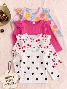 SHEIN 1 Piece Little Girl Ruffle Shoulder Ribbed Long Sleeve Top, Casual Fairy Cowgirl T-Shirt, 4-7 Years Old White 1st Birthday Black Blue Baby Pink Fall - Multicolor - View 1