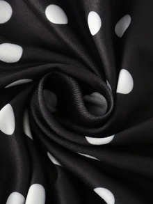 SHEIN Unity Retro Sexy White And Black Polka Dot Satin Half-Length Skirt, With Midriff Pleated Ruched Edge Design, And Lace Trim At The Hem. Date Night Party Fall - Black and White - View 5