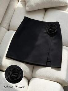 Franclia French Sweet Style Asymmetrical Floral Decor Side Slit Skirt For Women - Black - View 3