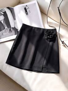 Franclia French Sweet Style Asymmetrical Floral Decor Side Slit Skirt For Women - Black - View 4