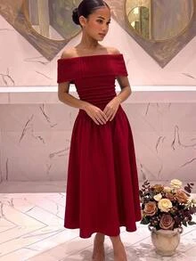 SHEIN Tween Girl Fashion Elegant Red Knit Patchwork One-Shoulder Off-Shoulder Ruched Long Dress, Christmas Party Dress Christmas Jumper - Burgundy - View 1