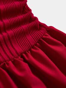 SHEIN Tween Girl Fashion Elegant Red Knit Patchwork One-Shoulder Off-Shoulder Ruched Long Dress, Christmas Party Dress Christmas Jumper - Burgundy - View 4