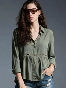 INAWLY Women's Fashion Casual Button Lace Patchwork Daily Shirt - Dark Grey - View 3