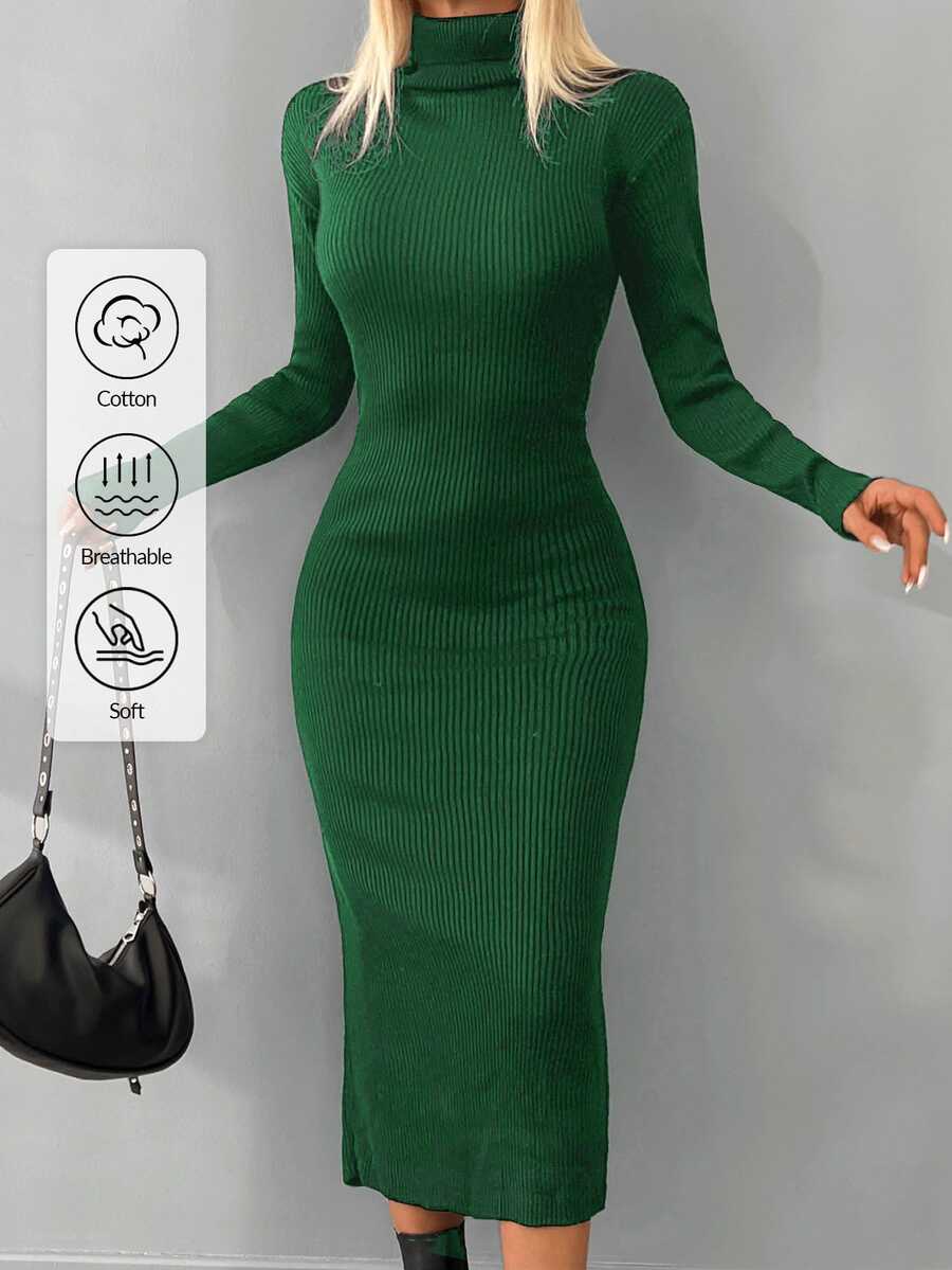 EURMUSE Turtleneck Ribbed Knit Bodycon Sweater Dress - Dark Green - View 1