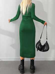 EURMUSE Turtleneck Ribbed Knit Bodycon Sweater Dress - Dark Green - View 2