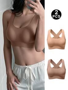 Napfluff Áo ngực không dây lưng hở đan chéo cho nữ, bộ 2 món không đường may, thoải mái mặc hàng ngày và mặc ở nhà - Nhiều màu - Xem 4