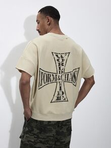 FORM&CHAOS Men's Loose Print Streetwear Drop Shoulder Short Sleeve Top - Beige - View 2
