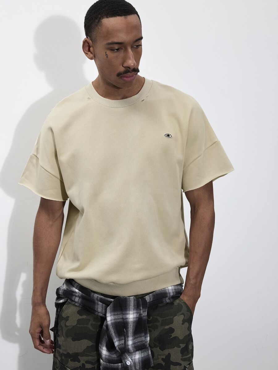 FORM&CHAOS Men's Loose Print Streetwear Drop Shoulder Short Sleeve Top - Beige - View 1