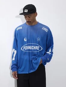 FORM&CHAOS Men's Sports Printed Mesh Patchwork Crew Neck Sweatshirt - Blue - View 5