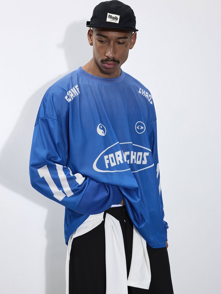 FORM&CHAOS Men's Sports Printed Mesh Patchwork Crew Neck Sweatshirt - Blue - View 1